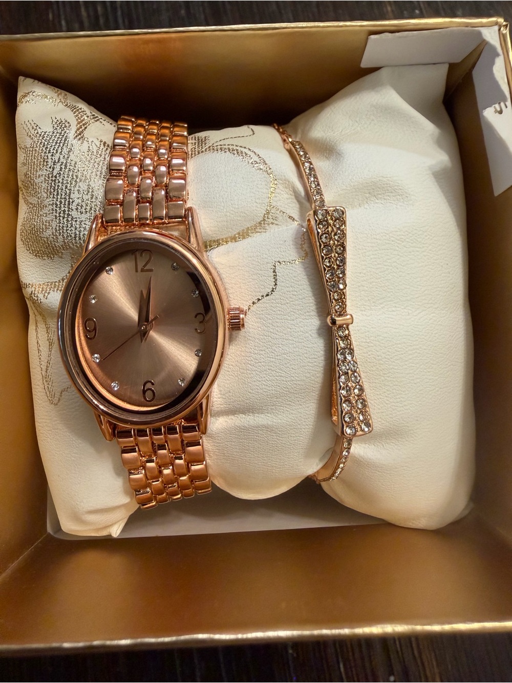 Rose Gold Women's Bracelet Watch Set with Crystal Bow Accent